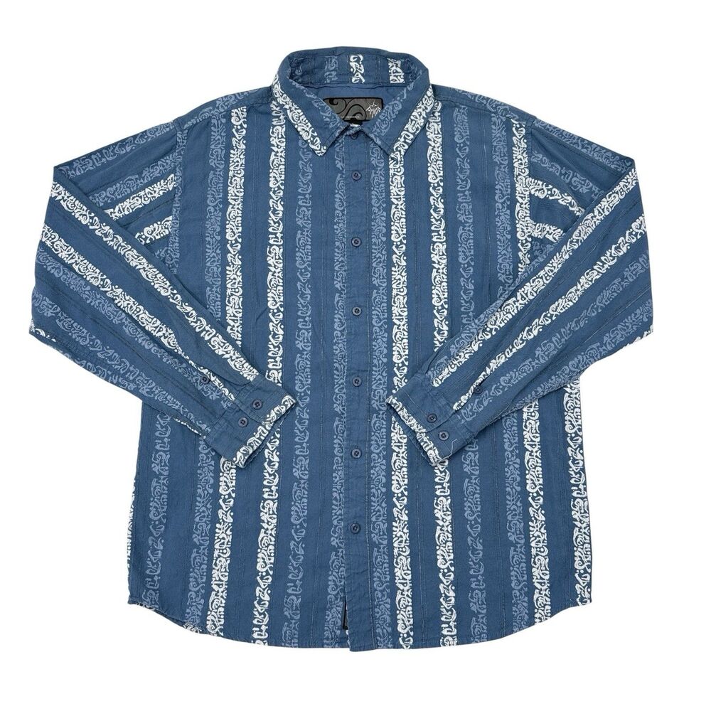 Vintage Prana Shirt Mens Large Blue Striped Button Up Hawaiian Bowling Hike Camp